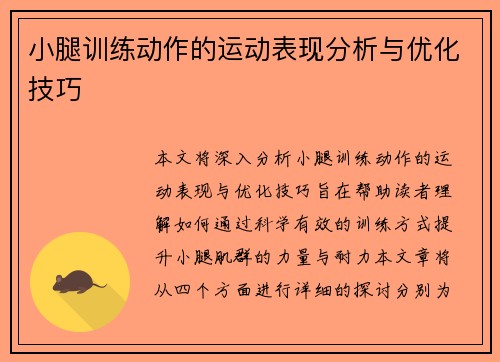 小腿训练动作的运动表现分析与优化技巧